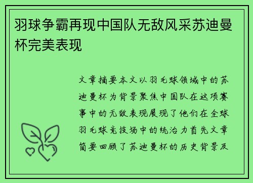 羽球争霸再现中国队无敌风采苏迪曼杯完美表现