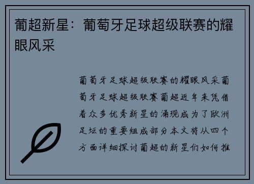 葡超新星：葡萄牙足球超级联赛的耀眼风采