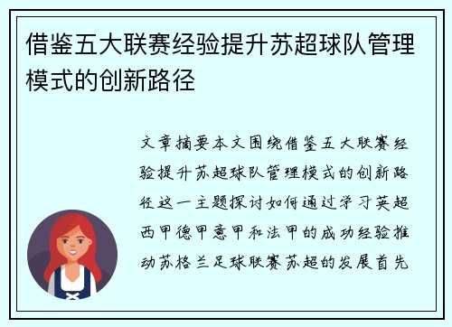 借鉴五大联赛经验提升苏超球队管理模式的创新路径